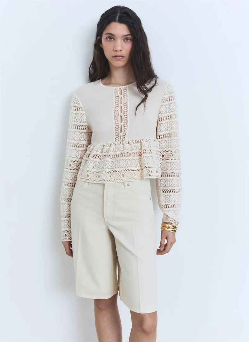 MANGO openwork details embroidered cotton blouse